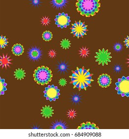 Fine seamless pattern with abstract flowers on brown background. Items placement chaotic.