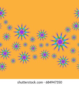 Fine seamless pattern with abstract flowers on orange background. Items placement chaotic.