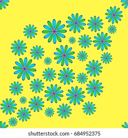 Fine seamless pattern with abstract flowers on yellow background. Items placement chaotic.