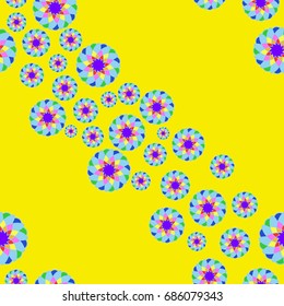 Fine seamless pattern with abstract flowers on yellow background. Items placement chaotic.