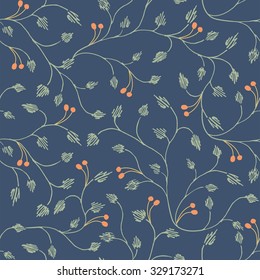 Fine seamless pattern with  green branches, leaves and orange berries on dark blue background