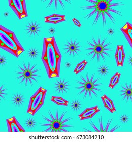 Fine seamless texture with abstract circles and details. Items are placed chaotic. Background is azure.