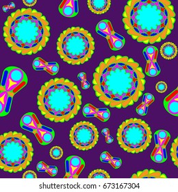 Fine seamless texture with abstract circles and details. Items are placed chaotic. Background is dark purple.