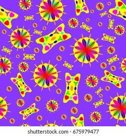 Fine seamless texture with abstract circles and details. Items are placed chaotic. Background is violet