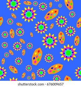 Fine seamless texture with abstract circles and details. Items are placed chaotic. Background is blue