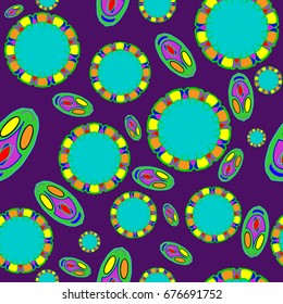 Fine seamless texture with abstract circles and details. Items are placed chaotic. Background is dark purple