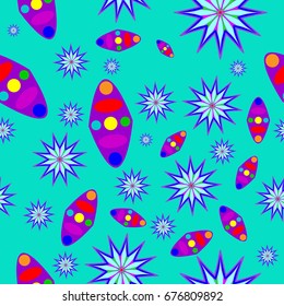 Fine seamless texture with abstract circles and details. Items are placed chaotic. Background is azure