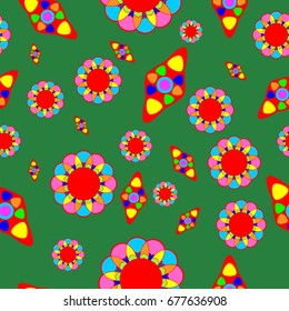 Fine seamless texture with abstract circles and details. Items are placed chaotic. Background is green