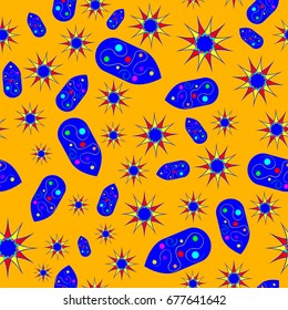 Fine seamless texture with abstract circles and details. Items are placed chaotic. Background is orange