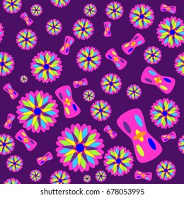 Fine seamless texture with abstract circles and details. Items are placed chaotic. Background is dark purple