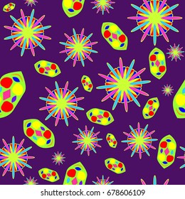 Fine seamless texture with abstract circles and details. Items are placed chaotic. Background is dark purple
