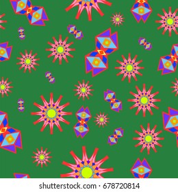 Fine seamless texture with abstract circles and details. Items are placed chaotic. Background is green.