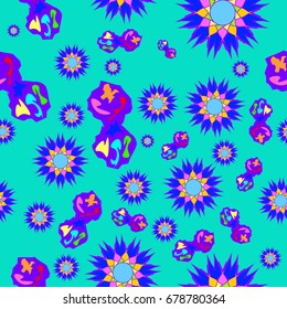 Fine seamless texture with abstract circles and details. Items are placed chaotic. Background is azure.