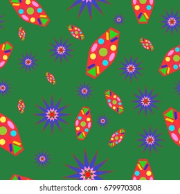 Fine seamless texture with abstract circles and details. Items are placed chaotic. Background is green