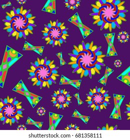 Fine seamless texture with abstract circles and details. Items are placed chaotic. Background is dark purple