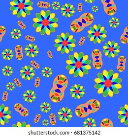 Fine seamless texture with abstract circles and details. Items are placed chaotic. Background is blue