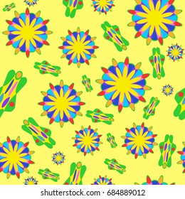 Fine seamless texture with abstract circles and details. Items are placed chaotic. Background is yellow