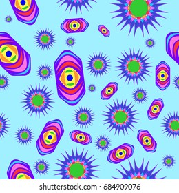 Fine seamless texture with abstract circles and details. Items are placed chaotic. Background is azure