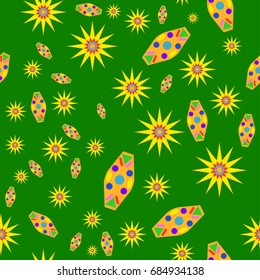 Fine seamless texture with abstract circles and details. Items are placed chaotic. Background is green