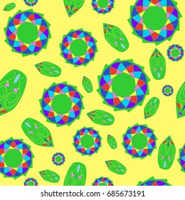 Fine seamless texture with abstract circles and details. Items are placed chaotic. Background is yellow