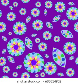 Fine seamless texture with abstract circles and details. Items are placed chaotic. Background is purple