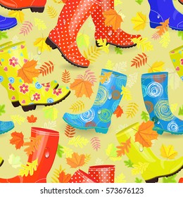 fine seamless texture with cute rubber boots and fall leaves