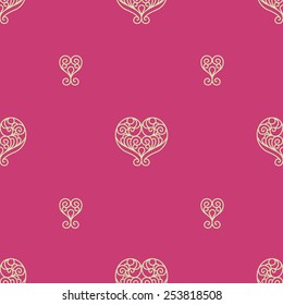 Fine seamless vector pattern with hearts. Line art decor on pink background. Light outline wallpaper. Vector vintage backdrop. Endless ornate texture. Bright romantic pattern fill.