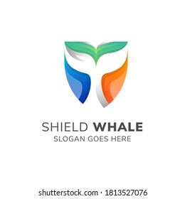 fine shield logo design template. the idea is combination of fin whale in negative space and shield on colorful shape. 