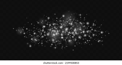 Fine, shiny bokeh dust particles fall off slightly. Blur white sparks and glitter special light effect. Defocused silver sparkle, stars and blurry spots. Magical effect of flickering lights. Vector.