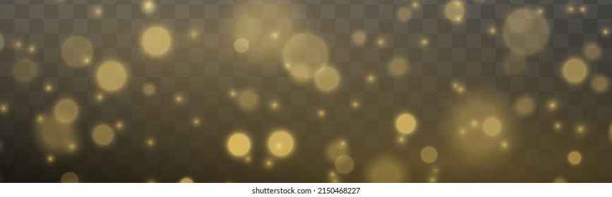 Fine, shiny dust bokeh particles fall off slightly. Blur sparks and golden stars shine with special light. Blurred lights isolated on transparent background. Christmas concept. Vector illustration.