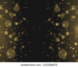 Fine, shiny dust bokeh particles fall off slightly. Blur sparks and golden stars shine with special light. Blurred lights isolated on transparent background. Christmas concept. Vector illustration.