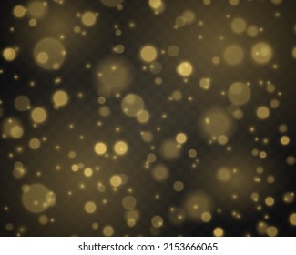 Fine, shiny dust bokeh particles fall off slightly. Blur sparks and golden stars shine with special light. Blurred lights isolated on transparent background. Christmas concept. Vector illustration.