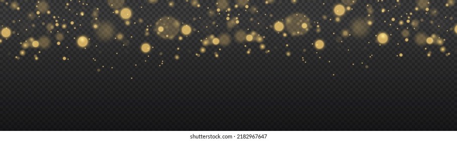 Fine, shiny dust bokeh particles fall off slightly. Blur sparks and golden stars shine with special light. Blurred lights isolated on transparent background. Christmas concept. Vector illustration.