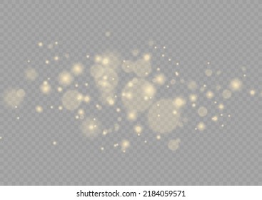 Feine, glänzende Bokeh-Partikel fallen leicht ab. Unscharfe Funken und goldene Sterne leuchten mit speziellem Licht. unscharfe Lichter einzeln auf transparentem Hintergrund. Weihnachtskonzept. Vektorgrafik.