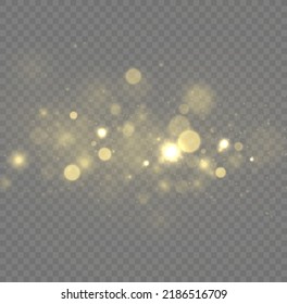 Feine, glänzende Bokeh-Partikel fallen leicht ab. Unscharfe Funken und goldene Sterne leuchten mit speziellem Licht. unscharfe Lichter einzeln auf transparentem Hintergrund. Weihnachtskonzept. Vektorgrafik.