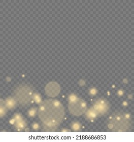 Las partículas finas y brillantes del polvo se caen ligeramente. Las chispas borrosas y las estrellas doradas brillan con luz especial. Luces borrosas aisladas en fondo transparente. concepto de Navidad. Ilustración vectorial.