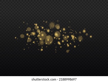 Fine, shiny dust bokeh particles fall off slightly. Blur sparks and golden stars shine with special light. Blurred lights isolated on transparent background. Christmas concept. Vector illustration.