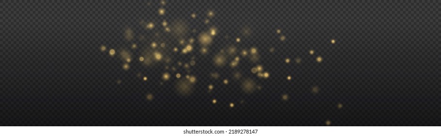 Fine, shiny dust bokeh particles fall off slightly. Blur sparks and golden stars shine with special light. Blurred lights isolated on transparent background. Christmas concept. Vector illustration.
