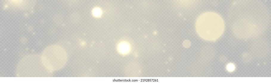 Fine, shiny dust bokeh particles fall off slightly. Blur sparks and golden stars shine with special light. Blurred lights isolated on transparent background. Christmas concept. Vector illustration.