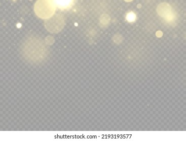 Las partículas finas y brillantes del polvo se caen ligeramente. Las chispas borrosas y las estrellas doradas brillan con luz especial. Luces borrosas aisladas en fondo transparente. concepto de Navidad. Ilustración vectorial.