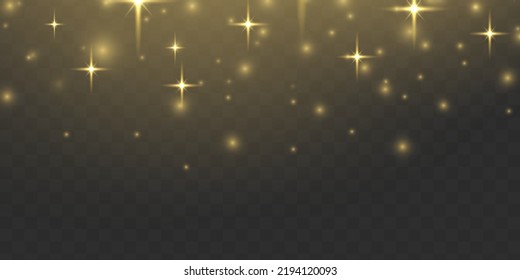 Las partículas finas y brillantes del polvo se caen ligeramente. Las chispas borrosas y las estrellas doradas brillan con luz especial. Luces borrosas aisladas en fondo transparente. concepto de Navidad. Vector