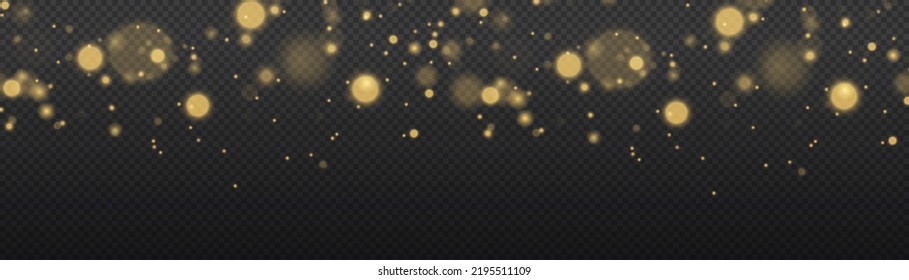 Fine, shiny dust bokeh particles fall off slightly. Blur sparks and golden stars sparkle shine with special light. Blurred lights isolated on transparent background. Christmas concept. Vector