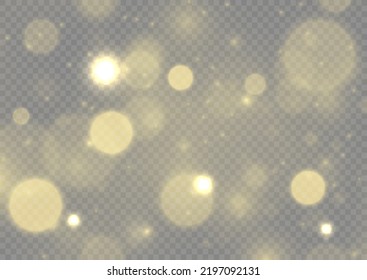 Fine, shiny dust bokeh particles fall off slightly. Blur sparks and golden stars sparkle shine with special light. Blurred lights isolated on transparent background. Christmas concept. Vector