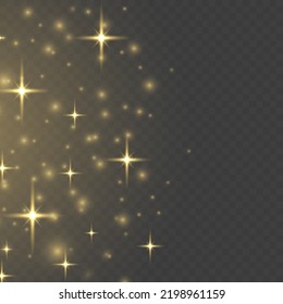 Fine, shiny dust bokeh particles fall off slightly. Blurred lights isolated on transparent background. Blur sparks and golden stars sparkle shine with special light. Christmas concept. Vector