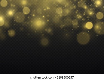 Las partículas finas y brillantes del polvo se caen ligeramente. Las chispas borrosas y las estrellas doradas brillan con luz especial. Luces borrosas aisladas en fondo transparente. concepto de Navidad. Vector