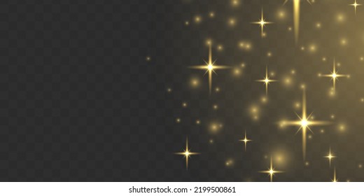 Las partículas finas y brillantes del polvo se caen ligeramente. Las chispas borrosas y las estrellas doradas brillan con luz especial. Luces borrosas aisladas en fondo transparente. concepto de Navidad. Vector
