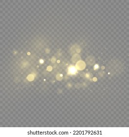 Fine, shiny dust bokeh particles fall off slightly. Blur sparks and golden stars sparkle shine with special light. Blurred lights isolated on transparent background. Christmas concept. Vector