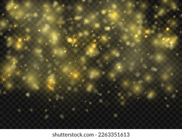 Fine, shiny dust particles fall off slightly.Winter background of snowflakes blown by the wind on a white transparent background.