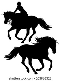 fine silhouettes of horseman riding a horse and wild stallion