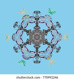 Fine snowflake. Abstract winter blue, gray and beige ornament. Isolated cute snowflakes on colorful background. Round vector snowflake. Vector illustration.
